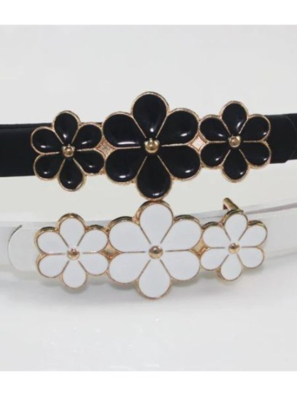 Floral Buckle Skinny Belt Set of 2 - Black & White with Gold Accents